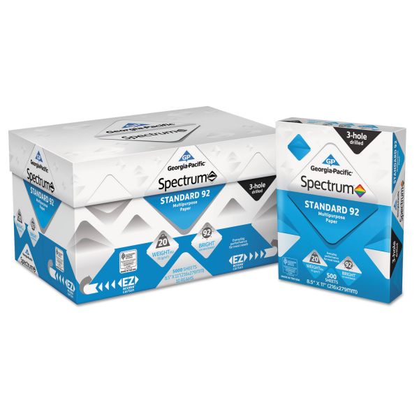 GPC999813 Georgia Pacific Spectrum Standard 92 3-Hole Punched Multipurpose Paper, 92 Brightness, 20 lb, 8 1/2 x 11, White, 5000 Sheets/Carton