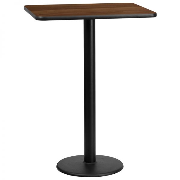 FHFXUWALTB2430TR18BGG Flash Furniture 24'' x 30'' Rectangular Walnut Laminate Table Top with 18'' Round Bar Height Table Base