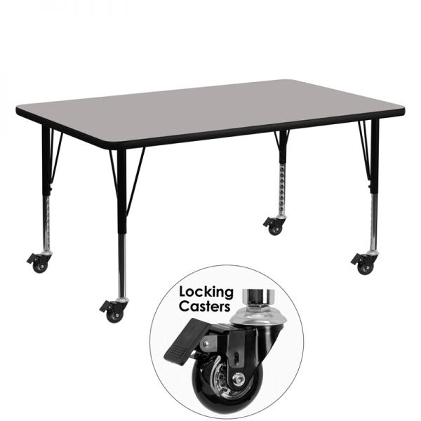 FHFXUA3060RECGYHPCASGG Flash Furniture Mobile 30''W x 60''L Rectangular Activity Table with 1.25'' Thick High Pressure Grey Laminate Top and Height Adjustable Preschool Legs