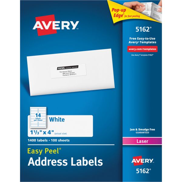 AVE5162 Avery Easy Peel Mailing Address Labels, Laser, 1 1/3 x 4, White, 1400/Box