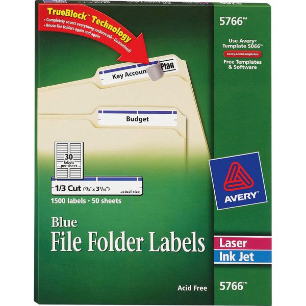 AVE5766 Avery Permanent File Folder Labels, TrueBlock, Inkjet/Laser, Blue, 1500/Box