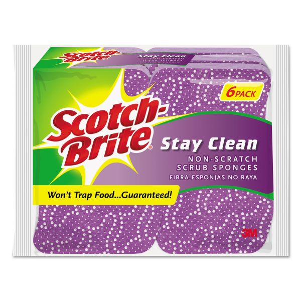 MMM202066 Scotch-Brite Stay Clean Non-Scratch Scrub Sponges, 3 3/16 x 7/8 x 4 3/4, Purple, 6/Pack