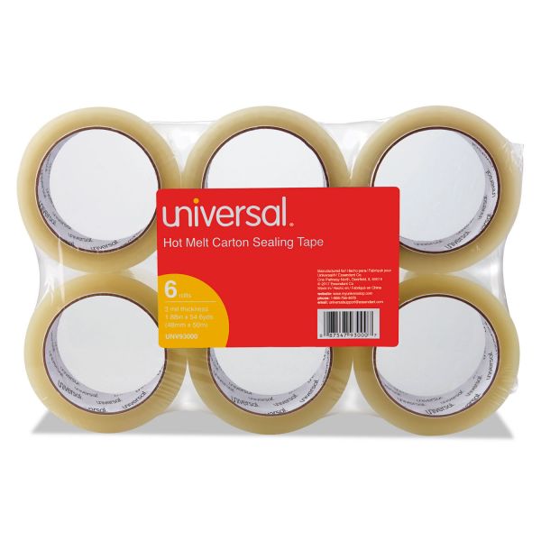 UNV93000 Universal Heavy-Duty Box Sealing Tape, 48mm x 50m, 3" Core, Clear, 6/Pack