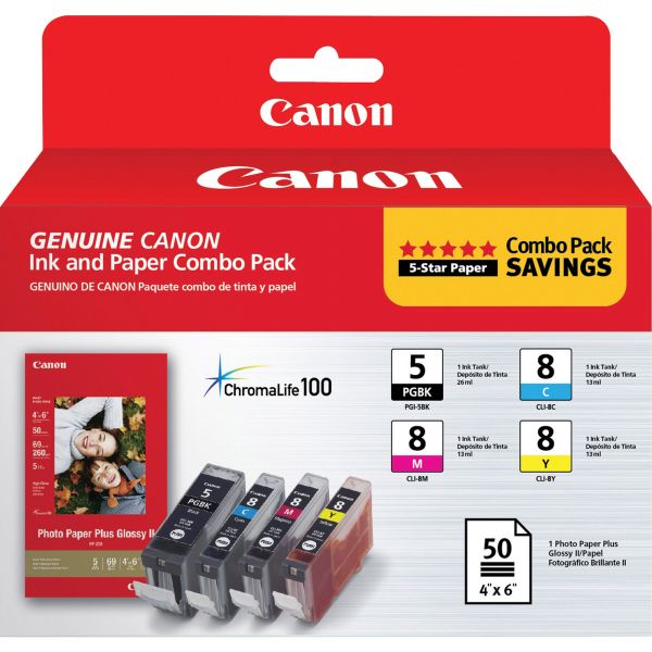 CNMPGI5CLI8CMY Canon PGI-5 Black/CLI-8 Color Ink Cartridge & Photo Paper Combo Pack