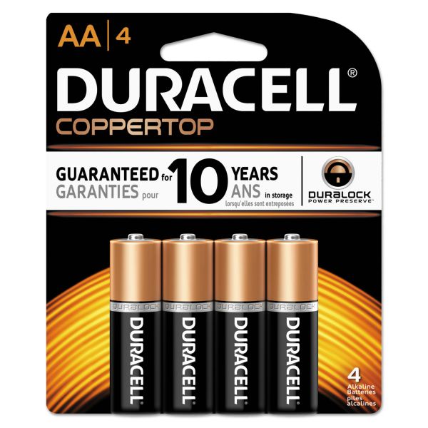 DURMN1500B4Z Duracell CopperTop Alkaline Batteries with Duralock Power Preserve Technology, AA, 4/Pk