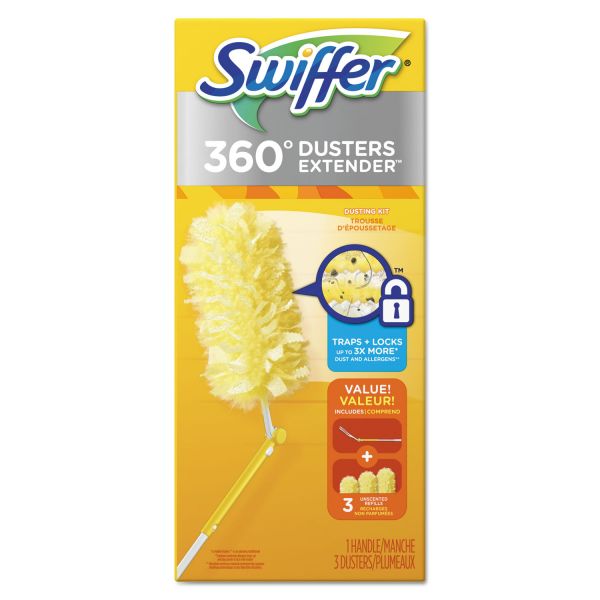 PGC82074CT Swiffer 360 Dusters, Plastic Handle Extends to 3 ft, 1 Handle & 3 Dusters/Kit/6/Carton