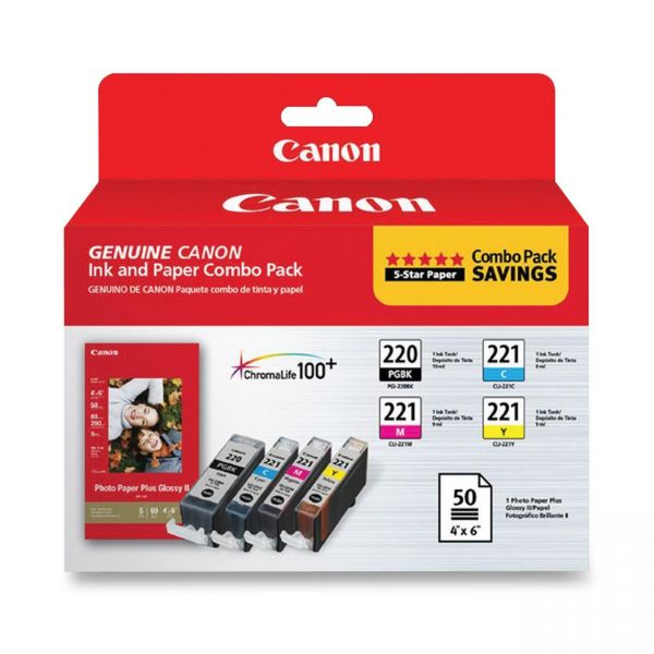 CNMPGI220CLI221 Canon PGI-220 Black/CLI-221 Color Ink Cartridges & Photo Paper Combo Pack
