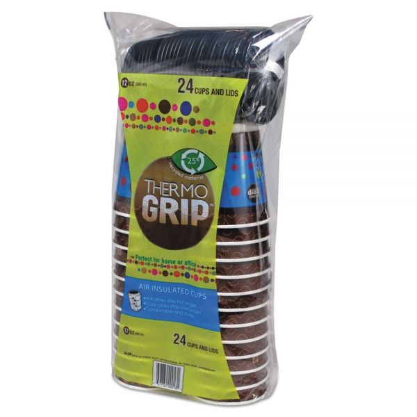 LBP3307 LBP Thermo Grip Cups with Lids, Evolution, Paper, 12 oz, 24/Pack, 12/Carton