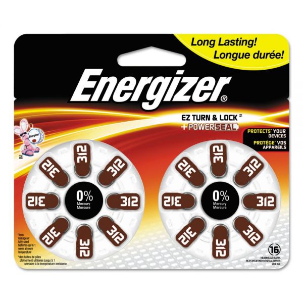 EVEAZ312DP16 Energizer Hearing Aid Battery, Zero Mercury Coin Cell, 312, 1.4V