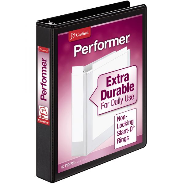 CRD17201 Cardinal Performer ClearVue 3-Ring View Binder, 1" Capacity, Slant-D Ring, Black