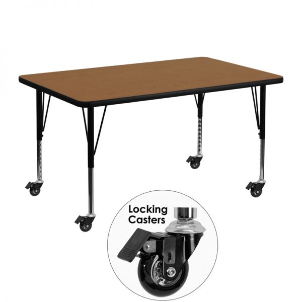 FHFXUA3048RECOAKTPCASGG Flash Furniture Mobile Height Adjustable Rectangular Activity Table