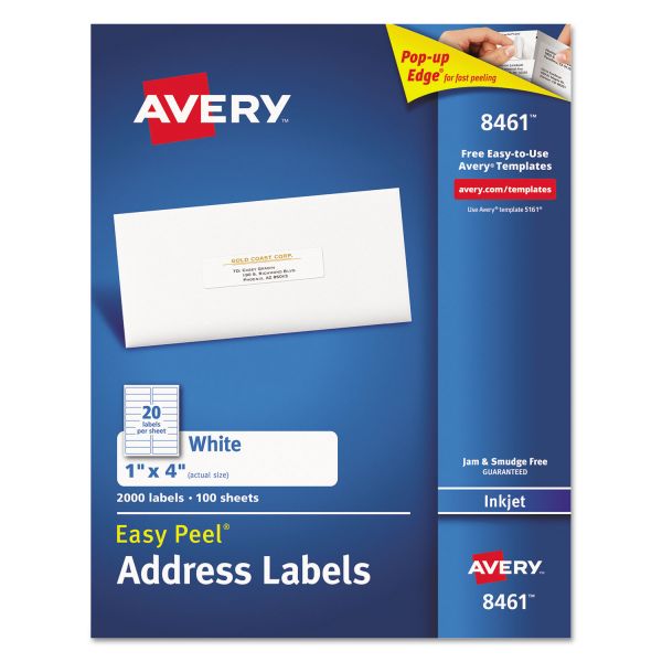 AVE8461 Avery Easy Peel Mailing Address Labels, Inkjet, 1 x 4, White, 2000/Box