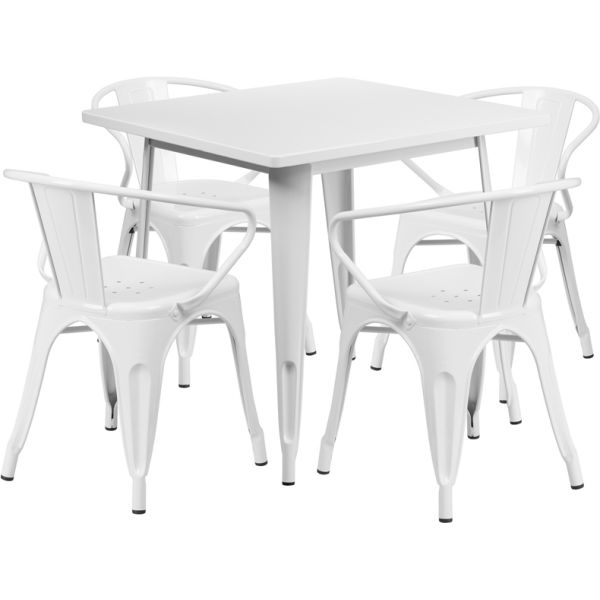 FHFETCT002470WHGG Flash Furniture 31.5'' Square White Metal Indoor-Outdoor Table Set with 4 Arm Chairs