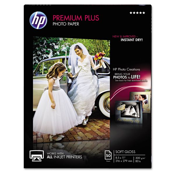 HEWCR667A HP Premium Plus Photo Paper, 80 lbs., Soft-Gloss, 8-1/2 x 11, 50 Sheets/Pack