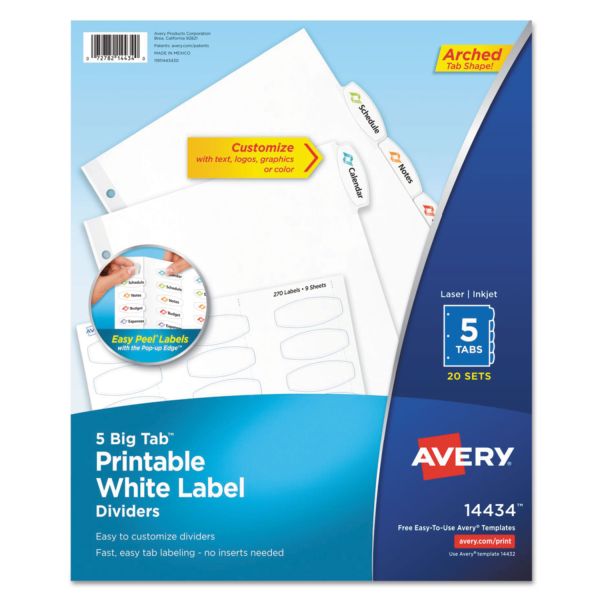 AVE14434 Avery Big Tab White Label Tab Dividers, 5-Tab, White Tab, Letter, 20 Sets