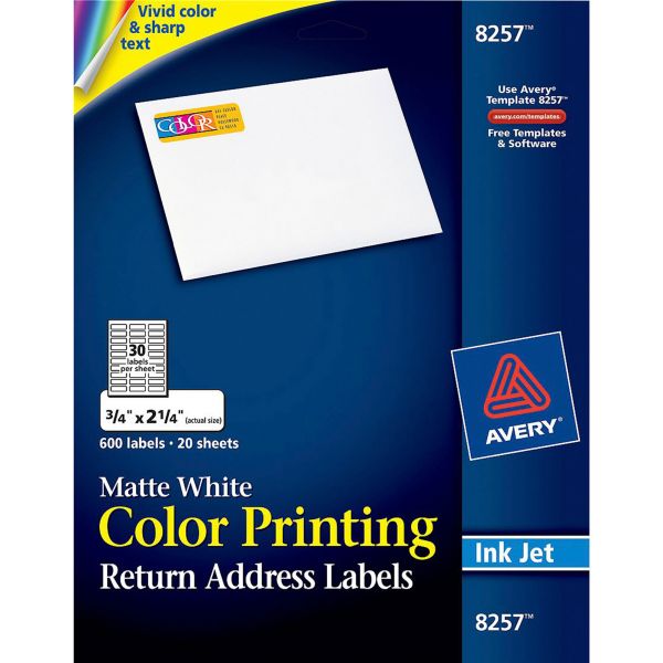 AVE8257 Avery Vibrant Color-Printing Address Labels, 3/4 x 2 1/4, Matte White, 600/Pack