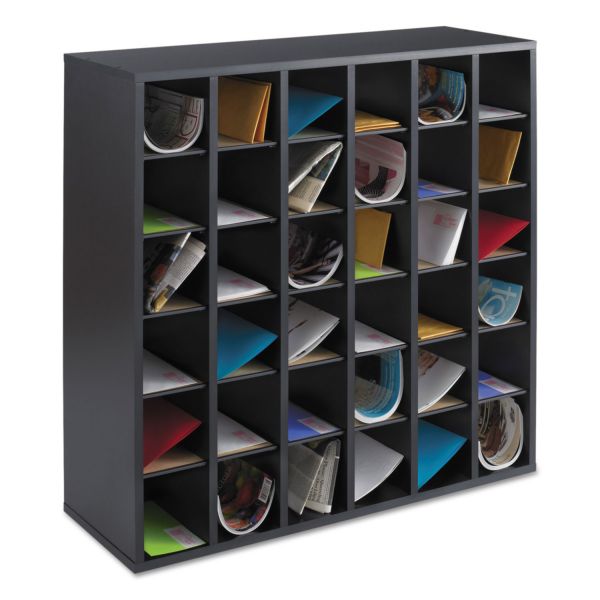 SAF7766BL Safco Wood Mail Sorter with Adjustable Dividers, Stackable, 36 Compartments, Black