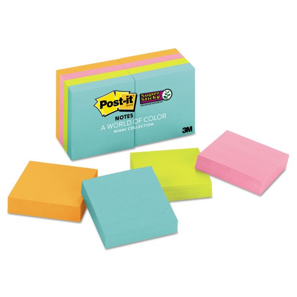 MMM6228SSMIA Post-it Notes Super Sticky Pads in Miami Colors, 2 x 2, 90/Pad, 8 Pads/Pack