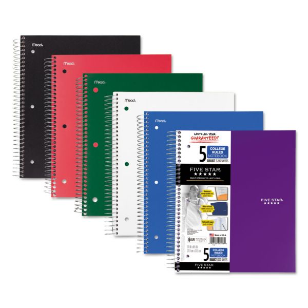 MEA06208 Five Star Wirebound 5-Subject Notebook, College Rule, 11 x 8 1/2, 200 Sheets, Assorted