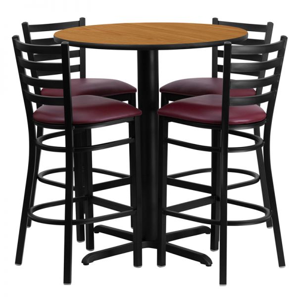 FHFHDBF1027GG Flash Furniture 30'' Round Natural Laminate Table Set with 4 Ladder Back Metal Barstools - Burgundy Vinyl Seat