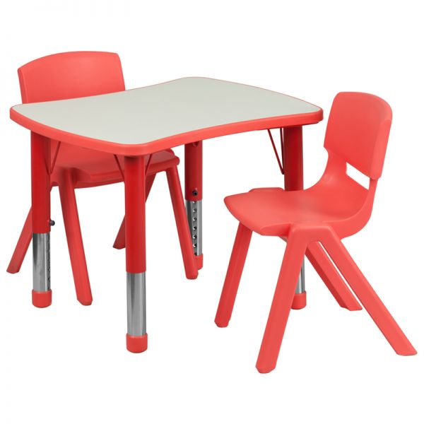 FHFYUYCY0980032RECTTBLREDGG Flash Furniture 21.875''W x 26.625''L Adjustable Rectangular Red Plastic Activity Table Set with 2 School Stack Chairs