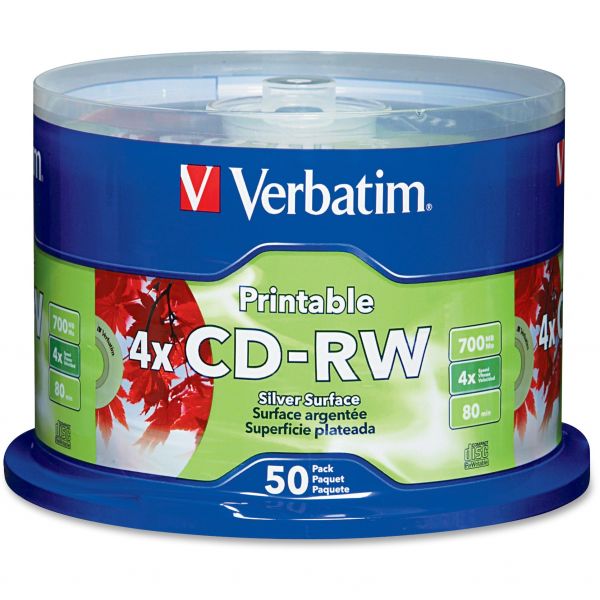 VER95159 Verbatim CD-RW Discs, Printable, 700MB/80min, 4x, Spindle, Silver, 50/Pack