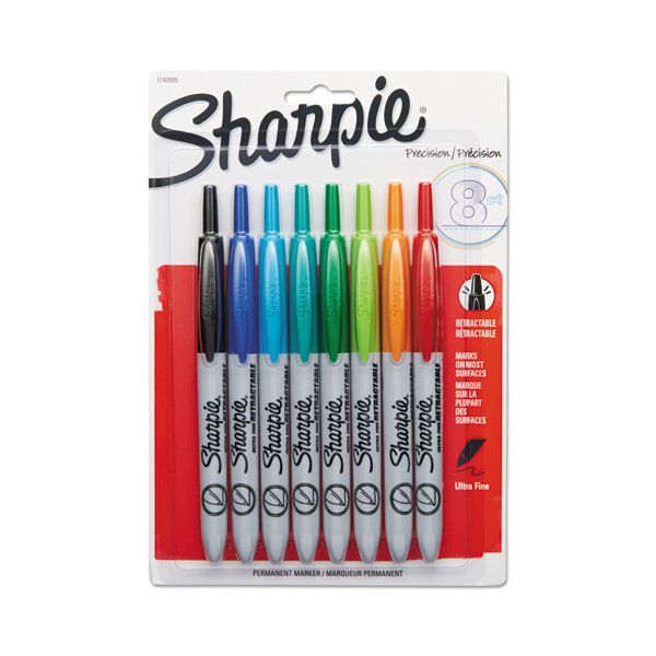 Sharpie Permanent Marker, Retractable, Fine Point, Assorted - 3 markers