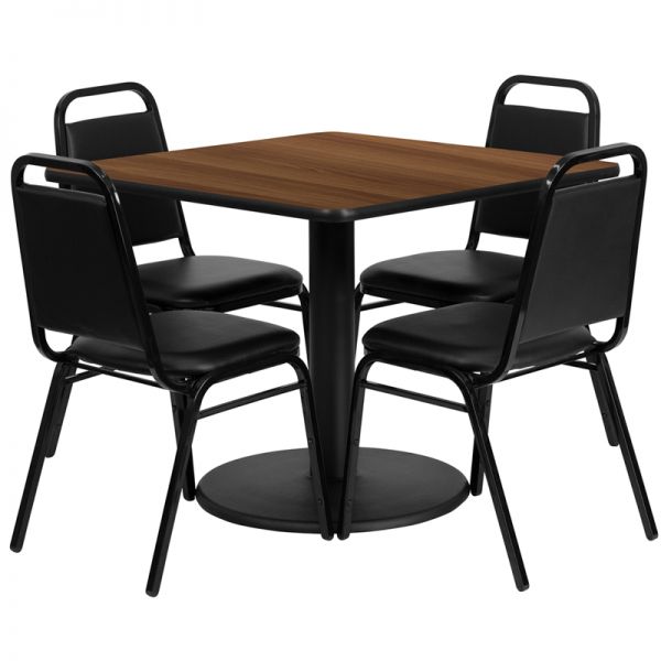 FHFRSRB1012GG Flash Furniture 36'' Square Walnut Laminate Table Set with 4 Black Trapezoidal Back Banquet Chairs