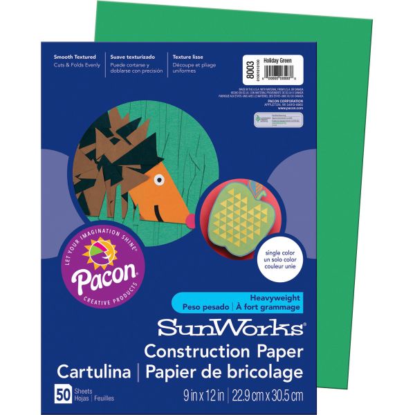 PAC8003 SunWorks Construction Paper, 58 lbs., 9 x 12, Holiday Green, 50 Sheets/Pack