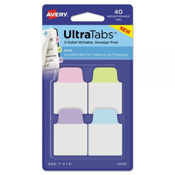 AVE74761 Avery Ultra Tabs Repositionable Tabs, 1 x 1.5, Pastel:Blue, Green, Pink, Purple, 40/PK
