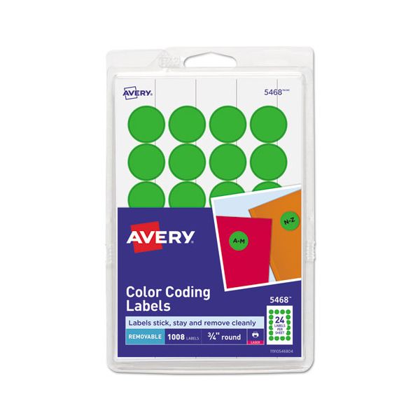 AVE05463 Avery Printable Removable Color-Coding Labels, 3/4" dia, Green, 1008/Pack