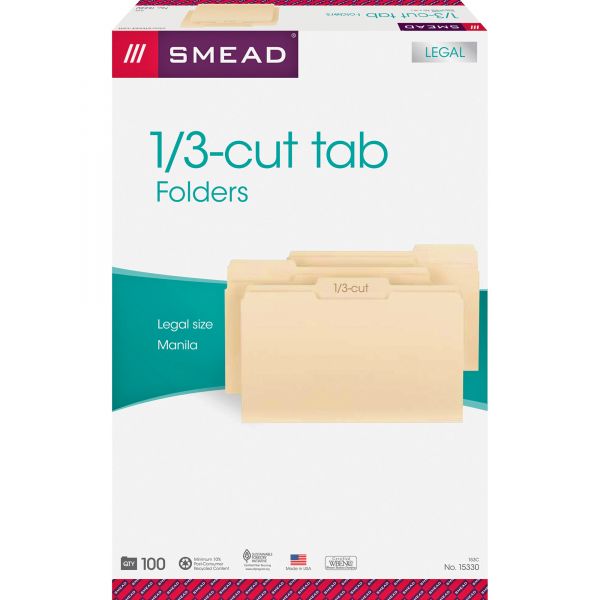 SMD15330 Smead 1/3 Cut Assorted Position File Folders, One-Ply Top Tab, Legal, Manila, 100/Box