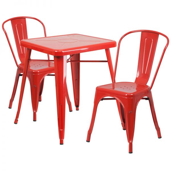 FHFCH31330230REDGG Flash Furniture 23.75'' Square Red Metal Indoor-Outdoor Table Set with 2 Stack Chairs