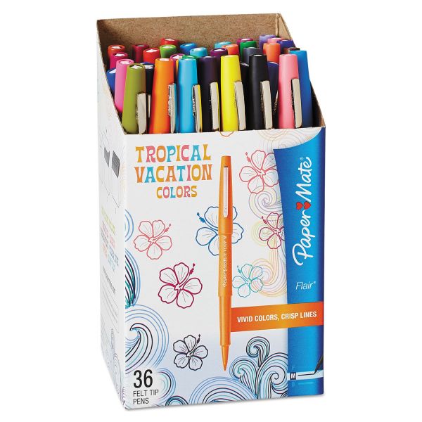 PAP1928608 Paper Mate Point Guard Flair Bullet Point Stick Pen, Tropical Inks, .7mm, 36/Set