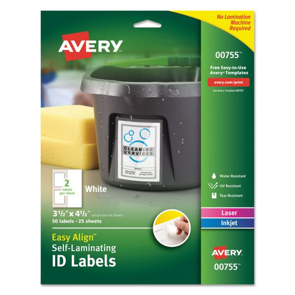AVE00755 Avery Easy Align Self-Laminating ID Labels, Laser/Inkjet, 3 1/2 x 4 1/2, White, 50/PK