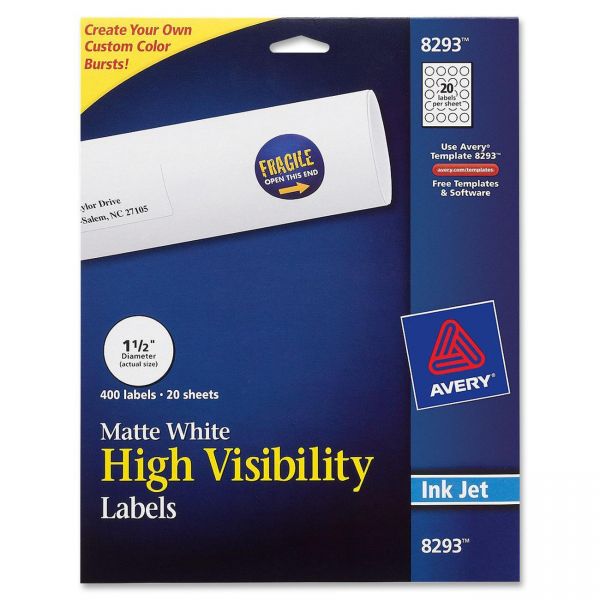 AVE8293 Avery Vibrant Color-Printing Round Address Labels, 1 1/2 dia, White, 400/Pack