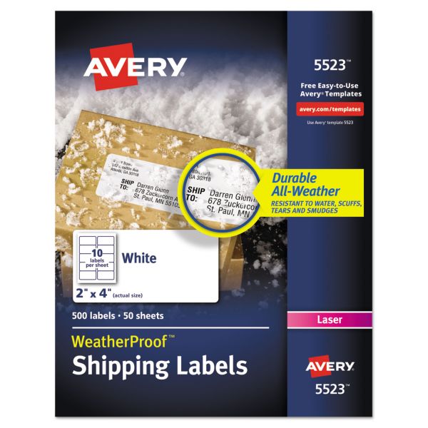 AVE5523 Avery WeatherProof Shipping Labels w/TrueBlock, Laser, White, 2 x 4, 500/Pack