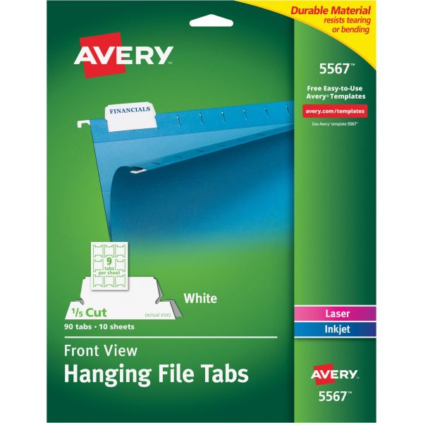 AVE5567 Avery Print/Write-On Hanging Tabs, 1/5 Tab, 2 1/16, White, 90/Pack