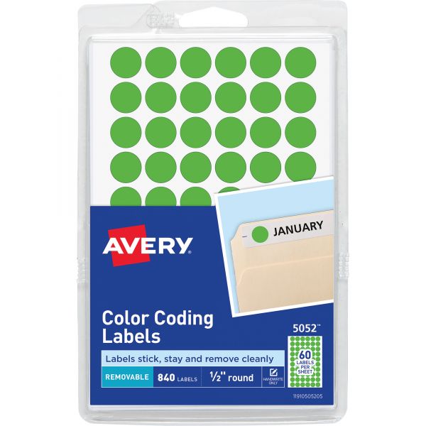 AVE05052 Avery Handwrite Only Removable Round Color-Coding Labels, 1/2" dia, Neon Green, 840/PK