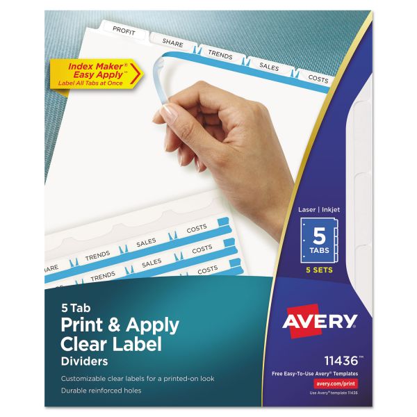 AVE11436 Avery Print & Apply Clear Label Dividers, 5-Tab, White Tab, Letter, 5 Sets