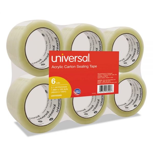 UNV53200 Universal General-Purpose Acrylic Box Sealing Tape, 48mm x 100m, 3" Core, Clear, 6/Pack
