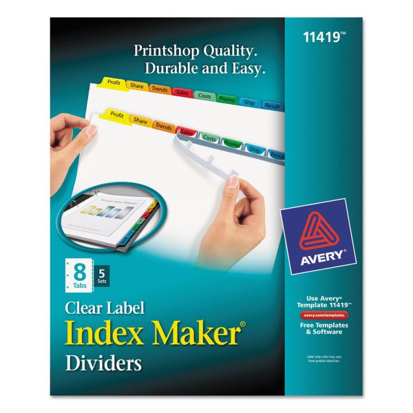 AVE11419 Avery Print & Apply Clear Label Dividers, 8-Tab, Multi-color Tab, Letter, 5 Sets