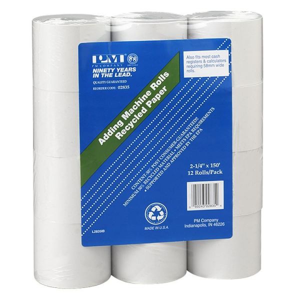 PMC02835 PM Company One Ply Receipt Roll, 2 1/4" x 150 ft, White, 12/Pack