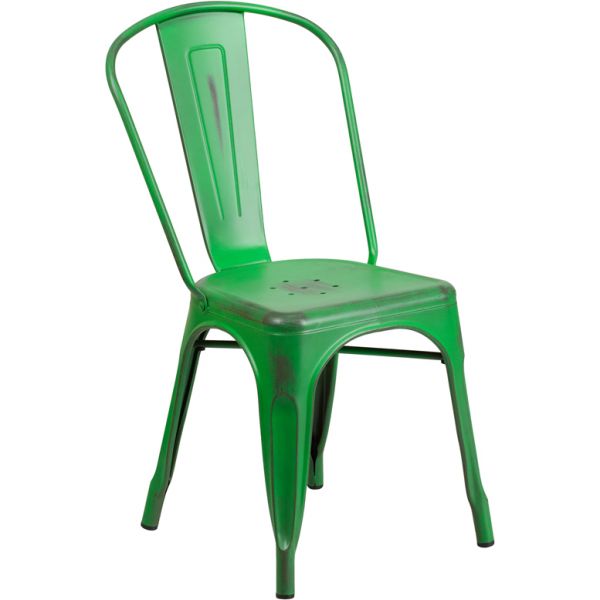 FHFET3534GNGG Flash Furniture Distressed Green Metal Indoor-Outdoor Stackable Chair
