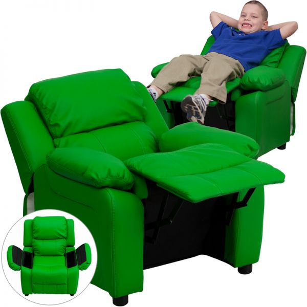 FHFBT7985KIDGRNGG Flash Furniture Deluxe Padded Contemporary Green Vinyl Kids Recliner with Storage Arms