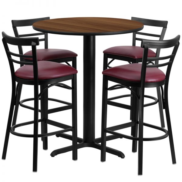 FHFHDBF1040GG Flash Furniture 24'' Round Walnut Laminate Table Set with 4 Ladder Back Metal Barstools - Burgundy Vinyl Seat