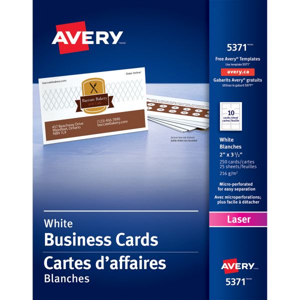 AVE5371 Avery Printable Microperf Business Cards, Laser, 2 x 3 1/2, White, Uncoated, 250/Pack