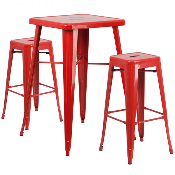 FHFCH31330B230SQREDGG Flash Furniture 23.75'' Square Red Metal Indoor-Outdoor Bar Table Set with 2 Square Seat Backless Barstools