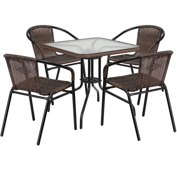 FHFTLH073SQ037BN4GG Flash Furniture 28'' Square Glass Metal Table with Dark Brown Rattan Edging and 4 Dark Brown Rattan Stack Chairs