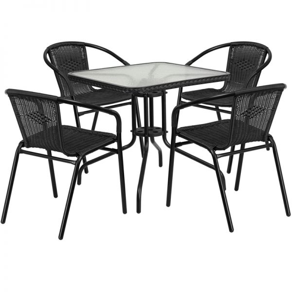 FHFTLH073SQ037BK4GG Flash Furniture 28'' Square Glass Metal Table with Black Rattan Edging and 4 Black Rattan Stack Chairs